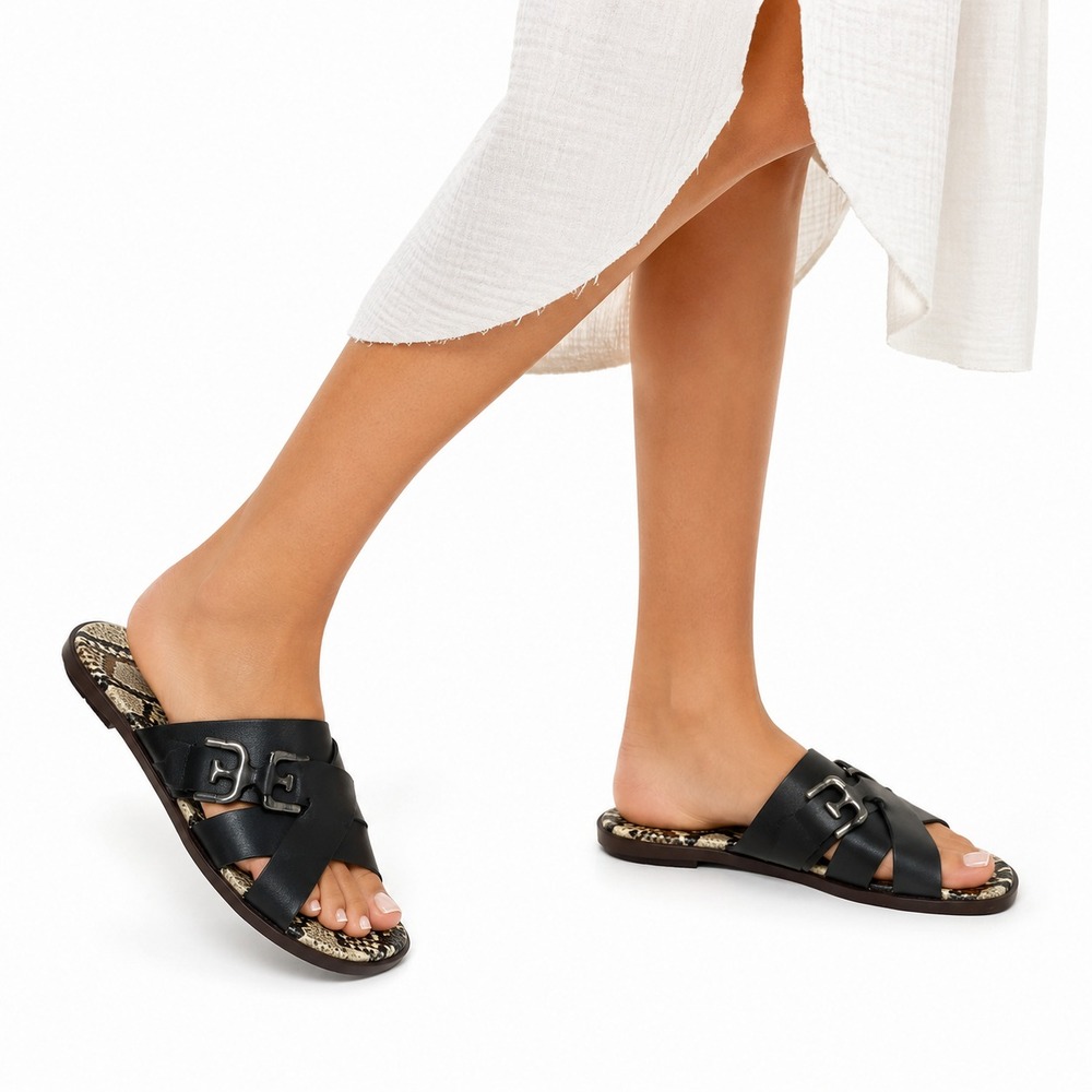 Sam‎ Edelman Ezra Slides Womens 6.5 Black Leather Logo Buckle Comfort Sandals